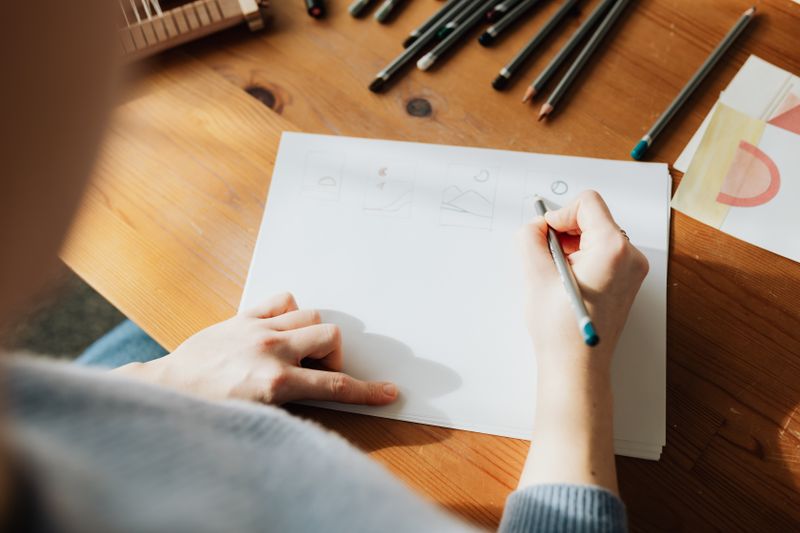 An artist sketching with a pencil on paper at a sunlit table